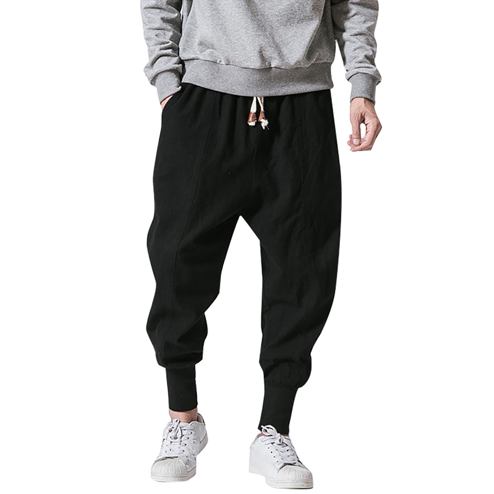 thumbnail image 4 of Pantalones de algodón y lino con entrepierna baja para hombre: cintura elástica, pantalones informales para todas las estaciones, tallas M-XXXL, 4 of 8